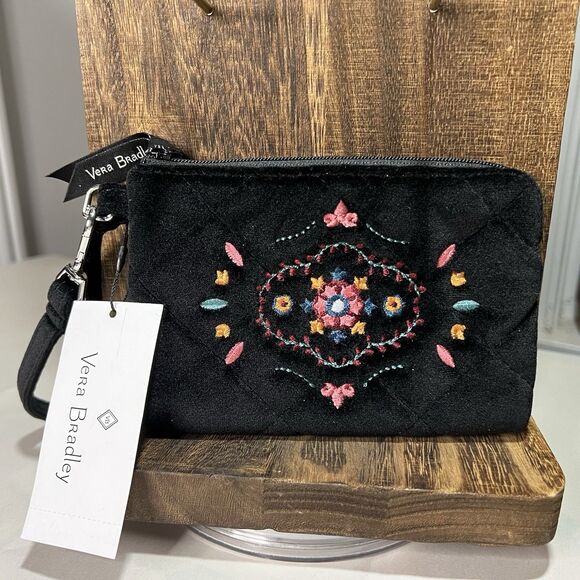 Vera Bradley Black Velvet Winter Ornaments Clip & Zip Mini Pouch Embroidered New - Picture 1 of 8